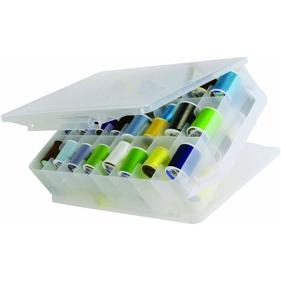 Double-Sided Sewing Organizer Box with 46 Grids - Clear Plastic Thread Storage Case for Embroidery Floss, Sewing Threads, Needles, Beads & Craft Supplies (Portable Craft Organization Container)