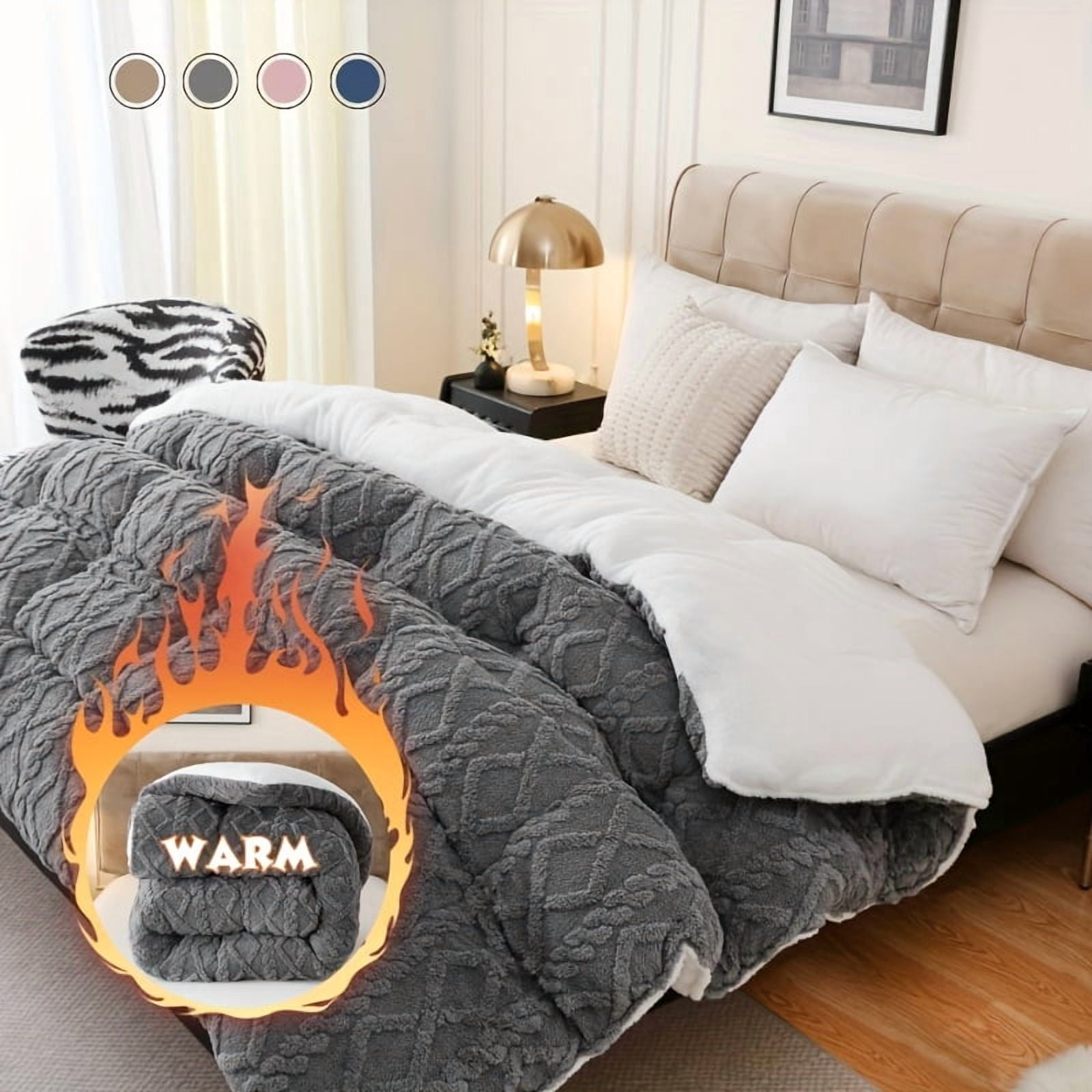 Double Sided Sherpa Comforter, 500GSM Extra Thick Warm Plush Bedding ...