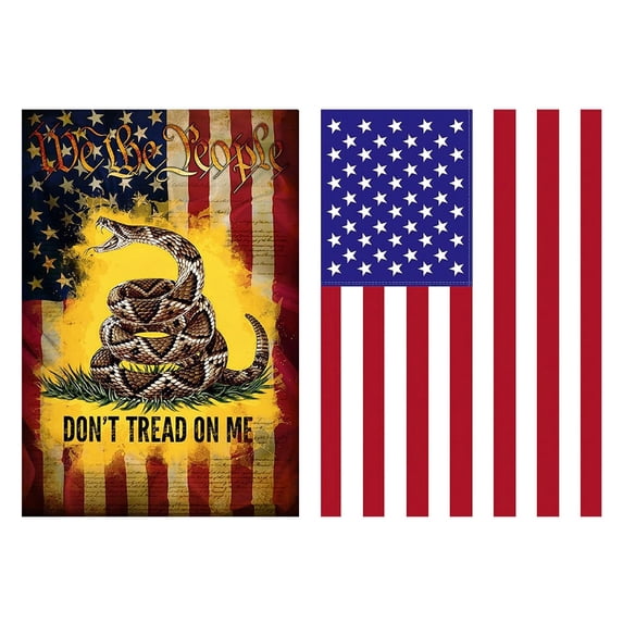 Double Sided - Side 1 - Gadsden Don't tread on me - Side 2 - USA American Flag - Deluxe Garden Flag 12" x 18" 3-ply 600 Denier 110 Knitted Polyester