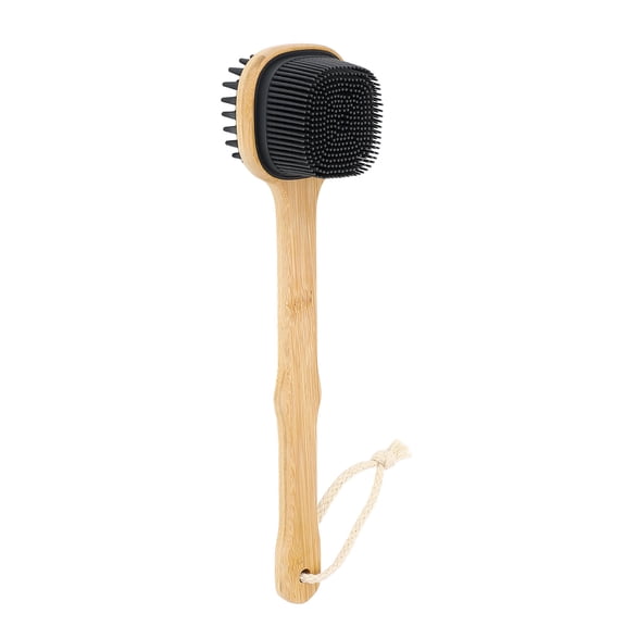 Double Sided Silicone and Bamboo Wood Bath Brush with Long Handle and Hanging Lanyard for Gentle Back Scrubbing and Deep Exfoliating 12.8 inches / 32.5 cm