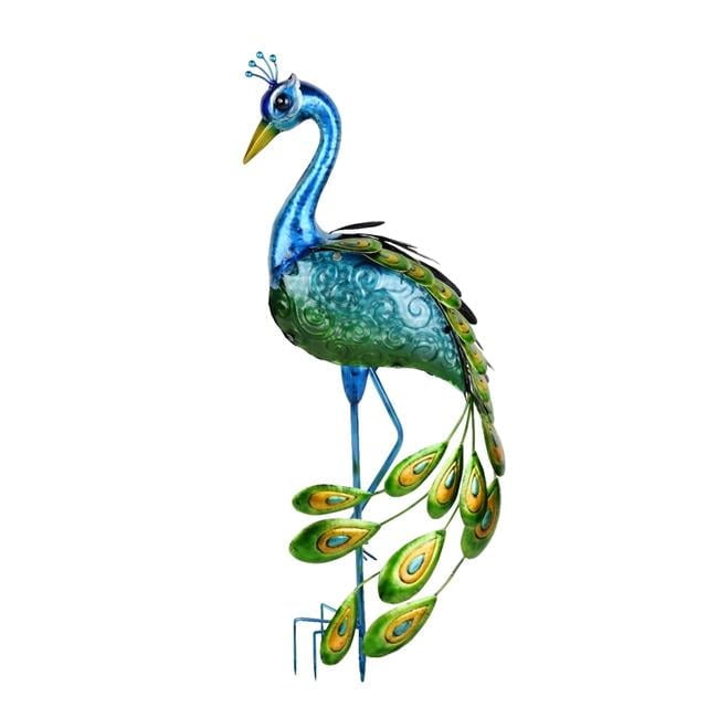 Green Glass and Metal Solar Peacock Garden Stake