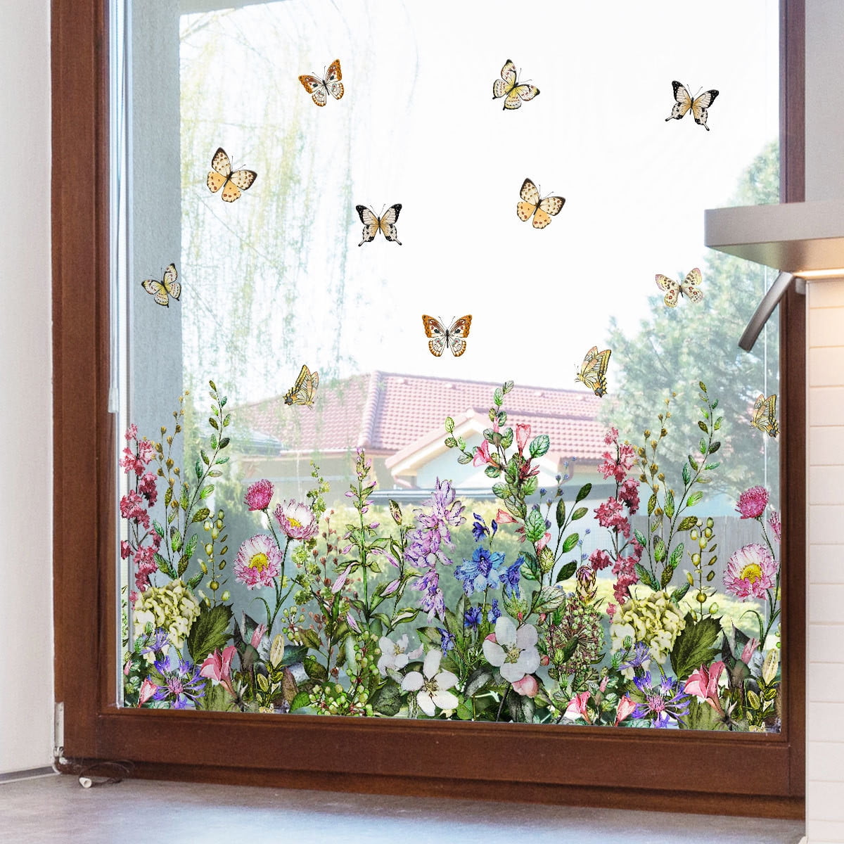 Double Sided Spring Window Cling Removable Tulip Butterfly Flower hummingbird Gel Window Stickers Colorful Flower Window for Home Office Glass Window Spring Display Party Decoration