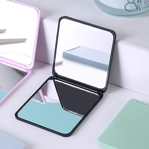 Double Sided Square Travel Makeup Mirror with Stand for Dorm Desktop Black Gift for Women