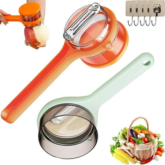 Double-Sided Stainless Steel Blade Peeling Knife with Storage Boxs, 2025 New Multifunctional Fruit and Vegetable Peeler with Container, Easy to Clean Peelers for Kitchen(Green-Orange-2Pcs)