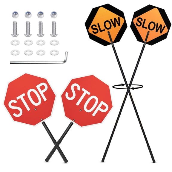 2 Pcs Reflective Sstop Slow Paddles with 70'' Detachable Handle, 18x18 Inch Adjustable Aluminum Stop and Slow Paddle Signs