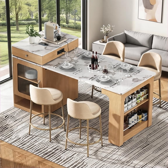 Double-Sided Storage Kitchen Island Table with Extendable Dining, Natural Wood Tone, 59.5 in