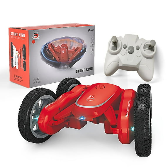 Double-Sided Stunt RC Car w/360° Flips & LED Music - 40m Range 4WD Rechargeable - Smooth Surfaces Only Age 8+ Red