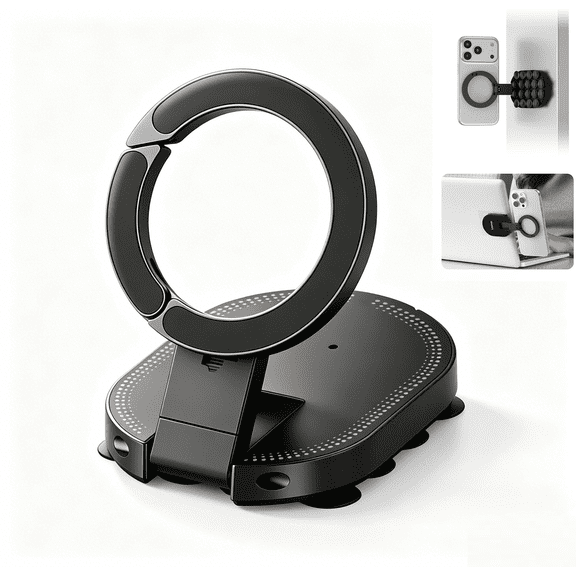 Double-Sided Suction & Magnetic Phone Holder, Mini Dashboard Car Mount with 18 Strong Suction Cups & 360° Rotation for Bedroom, Living Room, Kitchen & Office(RL Black 1 PC)