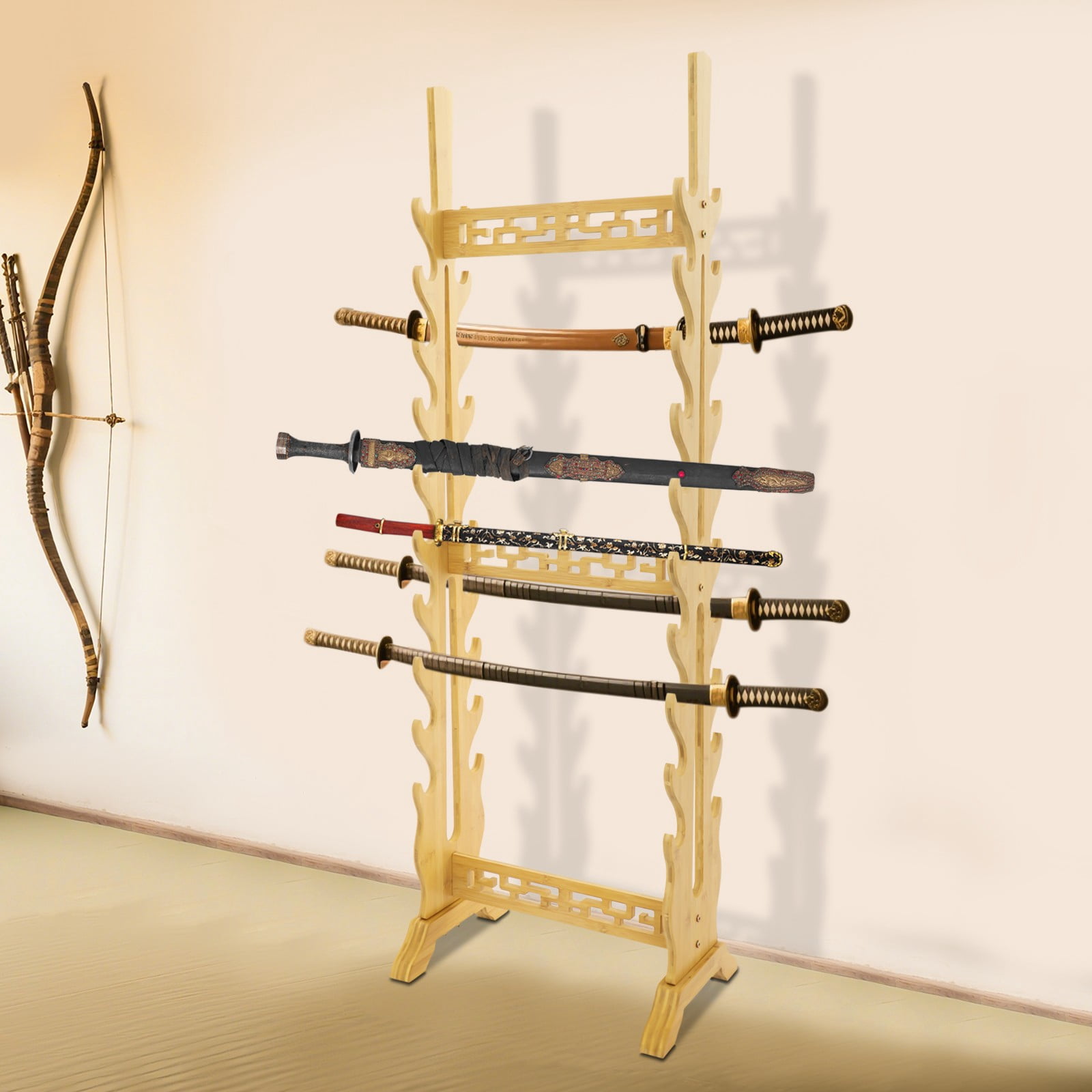 Double Sided Sword Stand, 10 Tiers Floor Standing Katana Display Rack, Natural Bamboo Wood Sword Holder for Samurai Swords, Weapon Storage, Home Decor