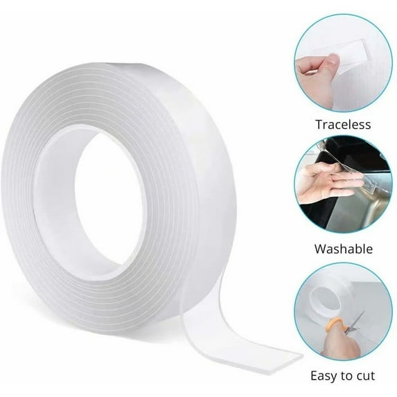 Double Sided Tape(3.28FT/1M), Removable Heavy Duty Mounting Tape,Multipurpose Traceless Adhesive Grip Strong Sticky,Washable Transparent Strips Wall Tape Carpet Tape for Paste&Household