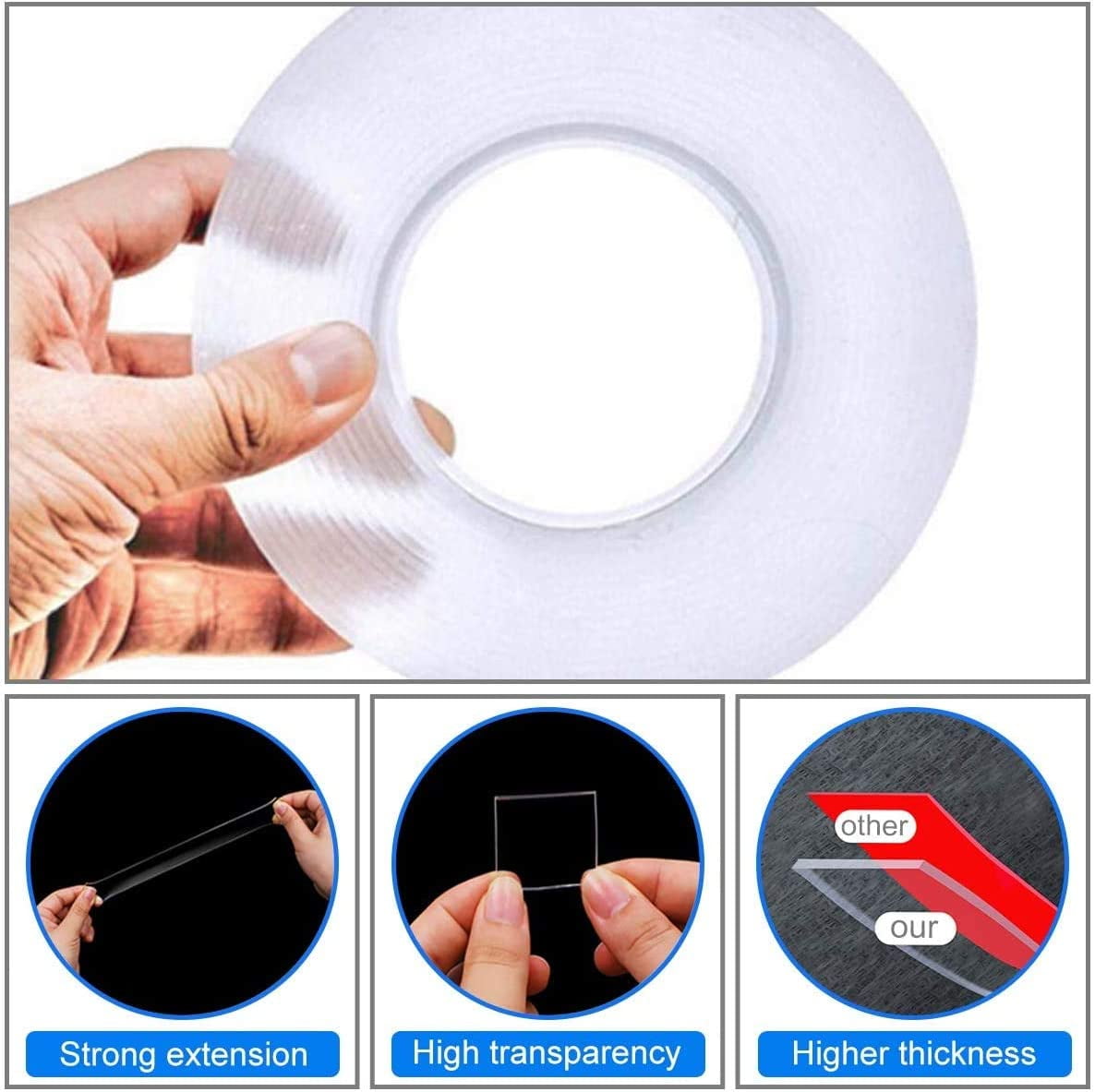 Removable Clear Double Sided Sticky Tape- No Residue, 2 Inches x 20 Yards