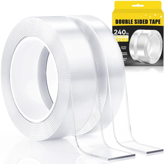 Double Sided Tape Heavy Duty, 240 Inch Extra Strong Waterproof Mounting Tape, Removable Nano Adhesive for Posters, Rugs, Wall Decor, Office, Outdoor Use, Clear