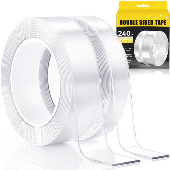 Double Sided Tape Heavy Duty, 240 Inch Extra Strong Waterproof Mounting Tape, Removable Nano Adhesive for Posters, Rugs, Wall Decor, Office, Outdoor Use, Clear