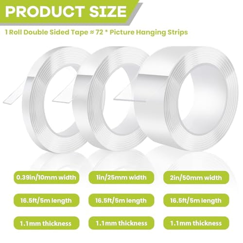Double Sided Tape Heavy Duty, Removable o Double Sided Adhesive Tape, Clear Mounting Tape Picture Hanging Adhesive Strips Waterproof for Walls Photo Crafts Carpet Poster, 1" x 16.5FT
