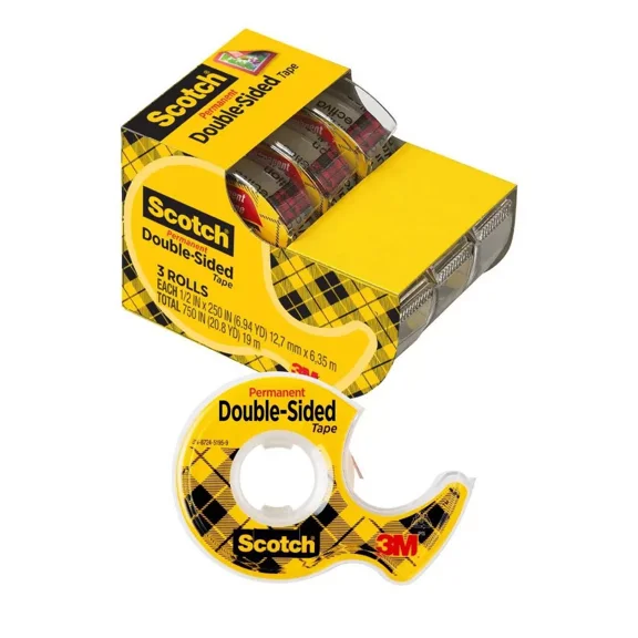 Double Sided Tape, Office and School Supplies, 0.5 in. x 250 in., 3 Tape Rolls With Tape Dispenser: Clear Plastic, Double Stick, Two Sided