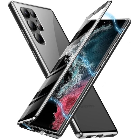 Double-Sided Tempered Glass Fully Protective Phone Case for Samsung Galaxy Note 20 Ultra, The Metal Frame Magnetically Closes The Back Cover. HD Clear Shell-Black