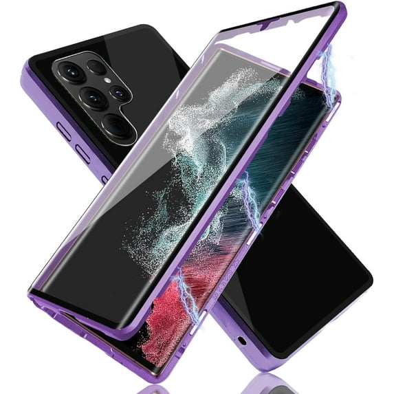Double-Sided Tempered Glass Fully Protective Phone Case for Samsung Galaxy S24 Ultra, The Metal Frame Magnetically Closes The Back Cover. HD Clear Shell-Purple