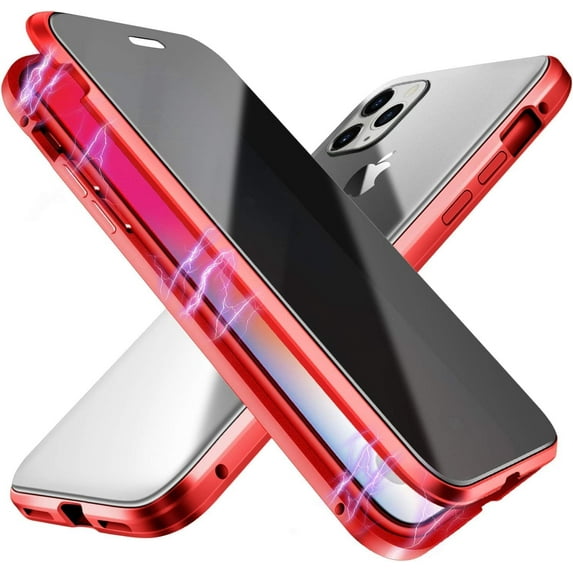 Double-Sided Tempered Glass Fully Protective Phone Case for iPhone 13, The Metal Frame Magnetically Closes The Back Cover. HD Clear Shell-Red