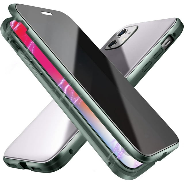 Double-Sided Tempered Glass Fully Protective Phone Case for iPhone 15 Plus, The Metal Frame Magnetically Closes The Back Cover. HD Clear Shell-Green