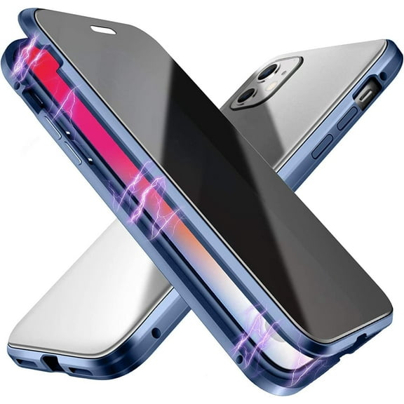 Double-Sided Tempered Glass Fully Protective Phone Case for iPhone 12 Pro Max, The Metal Frame Magnetically Closes The Back Cover. HD Clear Shell-Blue