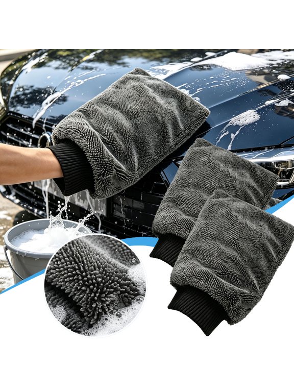 Double Sided Twisted Fabric Car Wash Gloves 2pc, Strong Absorb Lint Free Scratch Free Design, Ergonomic Bear Paw Dual Surface Formula, Home Auto Shop Washing Drying Buffing Care