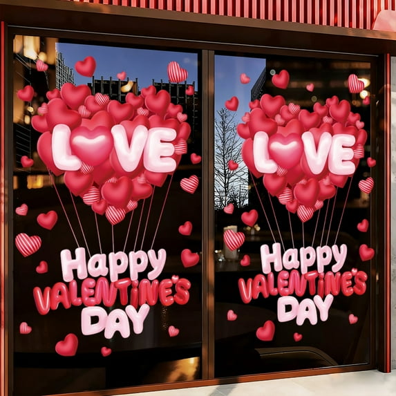 Double-Sided Valentines Window Cling 3D Red Love Heart Balloons Valentine's Day Decoration Window Decals (2 Sheets_B)