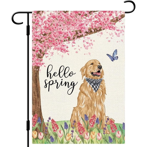 Double Sided Vertical Hello Spring Garden Flag 12x18 Burlap Golden Retriever Dog Floral Farmhouse Outdoor Yard Decor