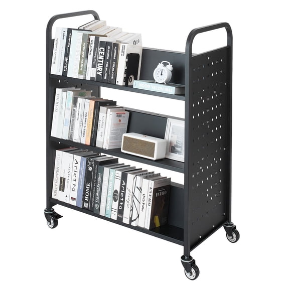 Double-Sided W-Shelf Book Cart on Wheels, 3-Tier Rolling Utility Cart, Black Library Book Truck