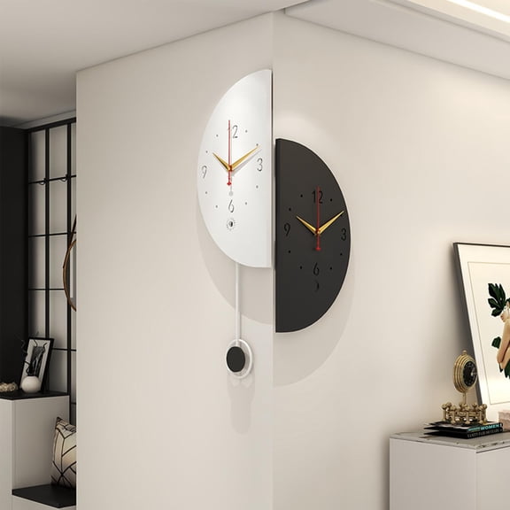 Double Sided Wall Clock, Modern Decorative Wall Clock with Pendulum Creative Semi-Circular Wall Clocks Silent Clocks Wall Decor Battery Operated for Living Room Office Bedroom