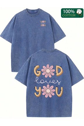 Double-Sided Washed T-Shirt, God Loves You, High Quality Batik Retro Distressed, Pattern Printed T-Shirt, With A Certain Thickness, Summer Essential, Very Suitable For Outdoor Acti