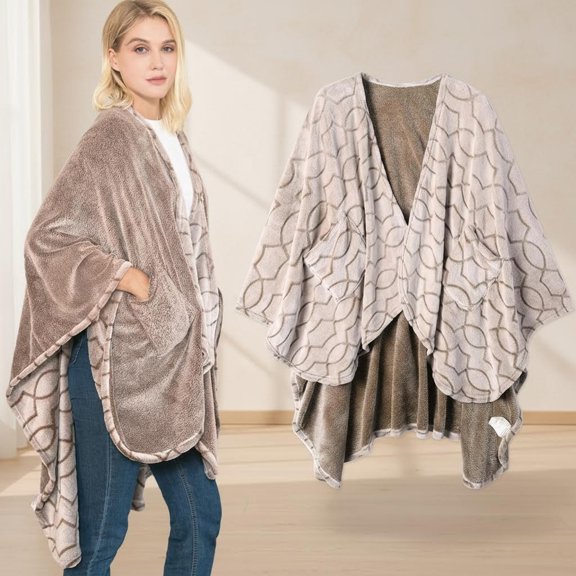Double-Sided Wearable Blanket Ultra Soft Flannel Shawl, Reversible, with Pockets