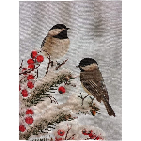 Double Sided White Black Tow Cute Chickadees in Winter Snow Garden Flag Banner for Outdoor Home Garden Flower Pot Decor