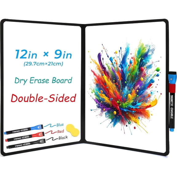 Double-Sided White Board 12x9 inch - Ultra-Thin 0.3" Portable Dry Erase Board with 3 Markers & Anti-Ghosting Surface | Magnetic-Ready | Foldable for Office, School, Travel, Homeschool (Black)
