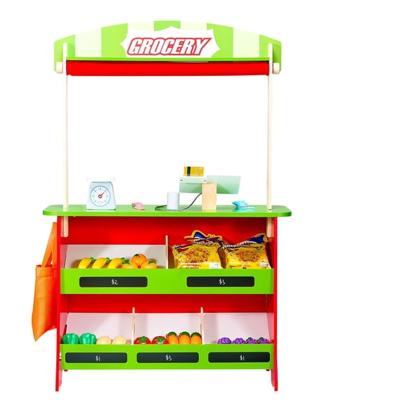Double Sided Wooden Play Store Stand with Chalkboard Pretend Market and Puppet Theater Gift for Boys and Girls