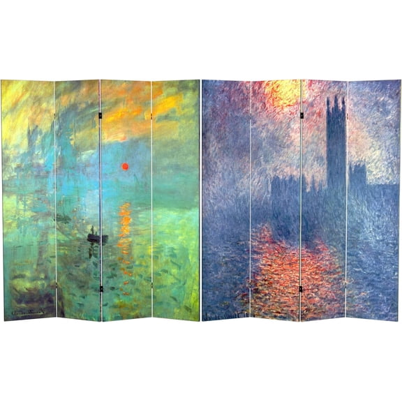 Double Sided Works of Monet Canvas Impression Sunrise/Houses of Parliament Room Divider, 6 ft Tall - 4 Panel, Multi Color