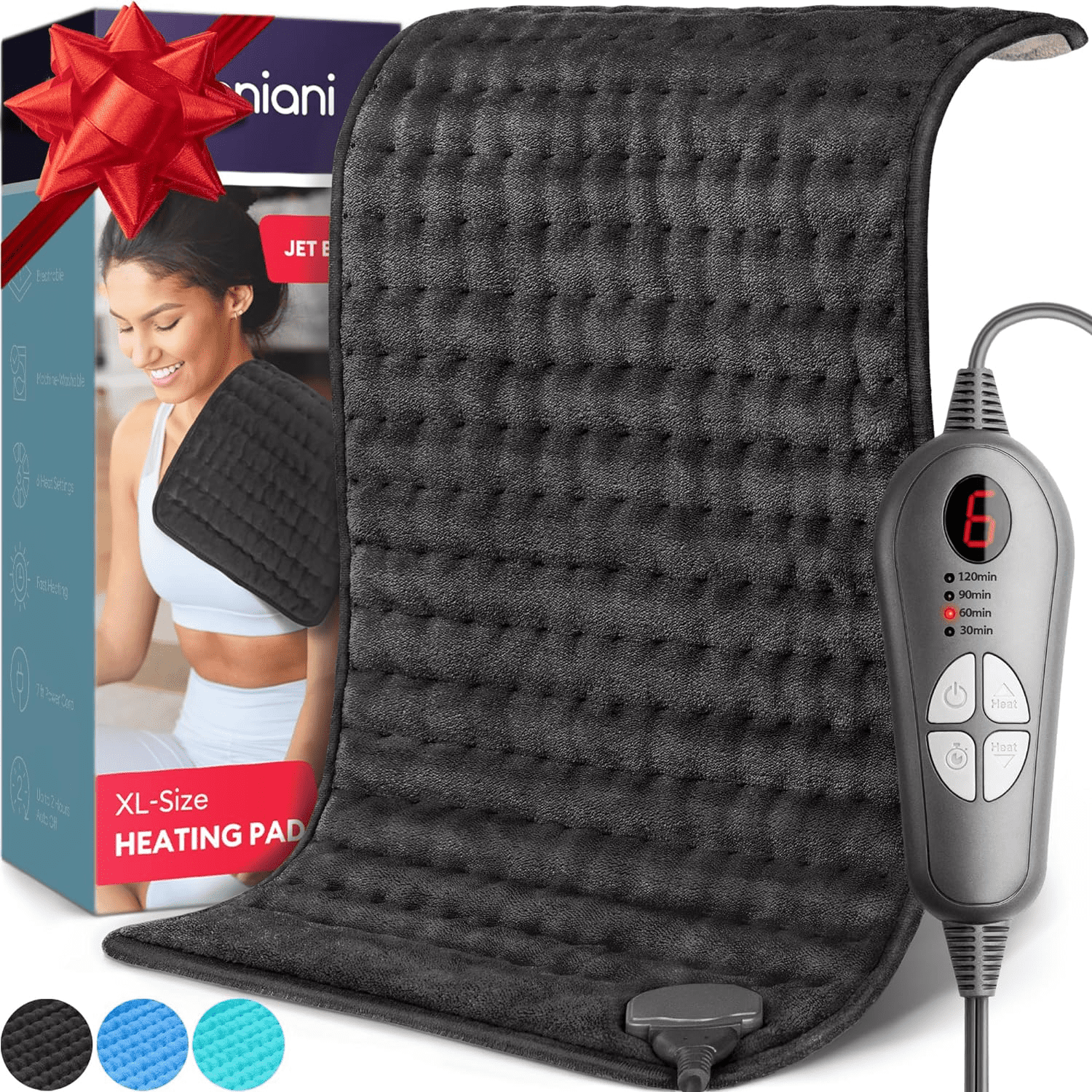 Double Sided XL Electric Heating Pad for Back Pain & Cramps Relief, Heat Pad with 6 Heat Settings, Auto Shut Off, Machine Washable, Ultra Soft, Gifts for Women, Gifts for Men (12"x24" Jet Black)