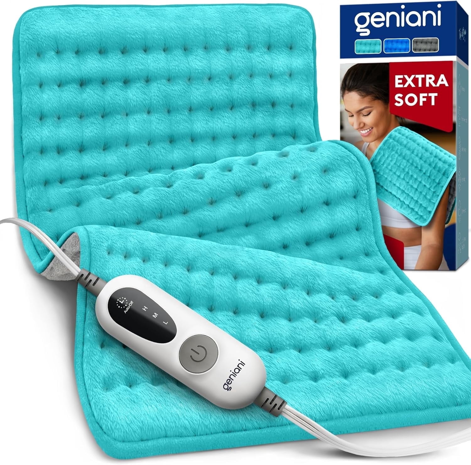 Geniani XL Double-Sided Electric Heating Pad for Back Pain Relief – Heat Pad with 6 Heat Settings, Auto Shut Off, Ultra-Soft Machine Washable Fabric for Everyday Comfort (12"×24", Viridian Green)
