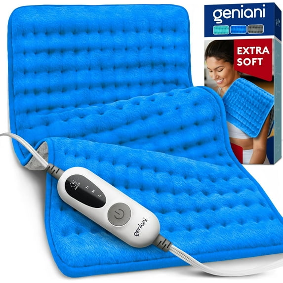 Geniani XL Double-Sided Electric Heating Pad for Back Pain & Cramps Relief – Heat Pad with 6 Heat Settings, Auto Shut Off, Ultra-Soft Machine Washable Fabric for Everyday Comfort (12"×24", Blue)