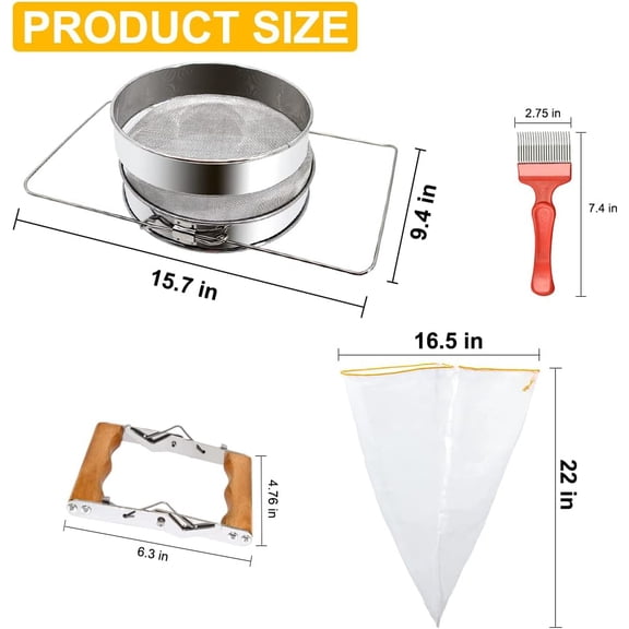 Double Sieve Honey Harvesting Kit for Beekeepers, Beekeeping Starter Kit Set of 5, Double Sieve Honey Strainer Stainless Steel, Frame Grip, Uncapping Fork, Honey Gate, Honey Filter Bag$$Animal Other