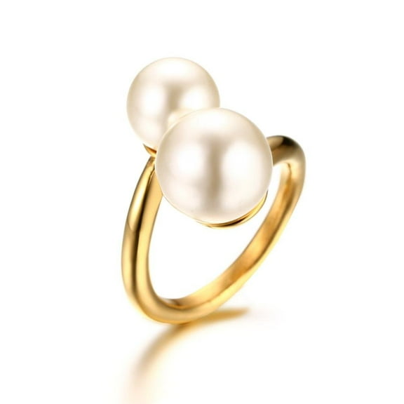 Double Simulated Pearl Wrap Ring: Gold Plated Stainless Steel Large Statement Ring for Women