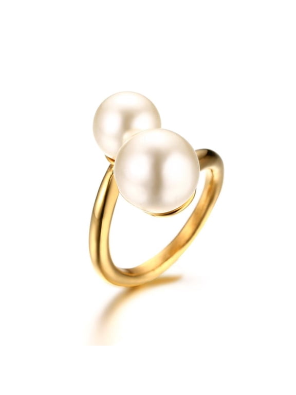 Double Simulated Pearl Wrap Ring: Gold Plated Stainless Steel Large Statement Ring for Women
