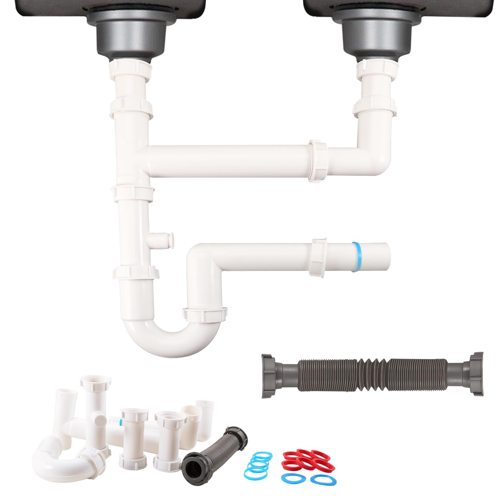 Double Sink Drain Kit 1-1/2" Universal Replacement for Kitchens Baths RVs
