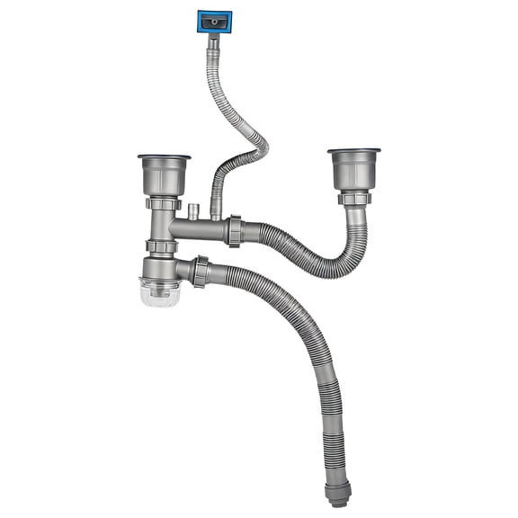 Double Sink Drain Kit with 110 Strainer, Stainless Steel Kitchen Sink Drain Assembly with Dual Steel Heads, Multi Function P Trap, 360 Swivel, Anti-Odor Design
