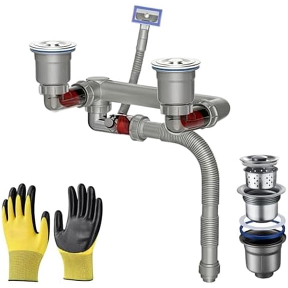 Double Sink Drain Kit - Expandable Flexible 1 1/2 Inch P-Trap Pipe, 3-1/2 Inch Sink Drain Assembly with 4-Way Fitting Adapter for Dishwasher, Space-Saving Drainage Solution for Kitchen Dual Basins