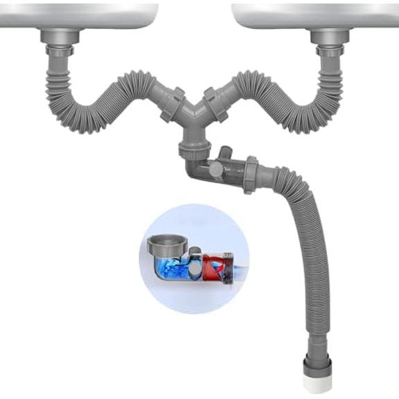 Double Sink Drain Kit Flexible 1 1/2 Inch P-Trap Pipe Comes with Visual One Way Drain Valve 4-Way Connector for Bathroom Kitchen Sink Dishwasher Garbage Disposer Drain Pipe