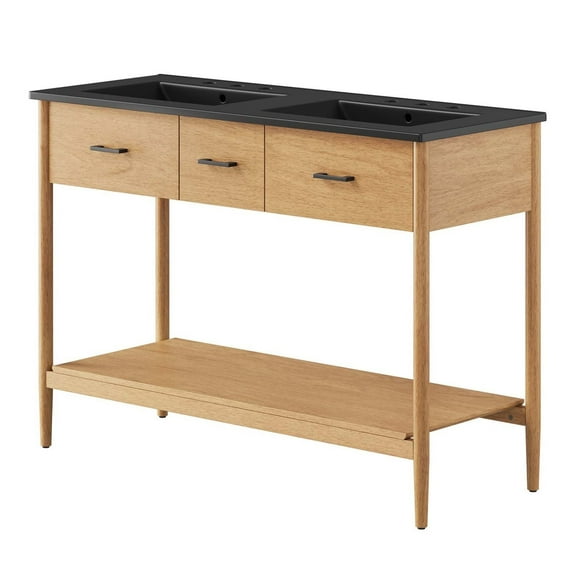Double Sink Vanity Cabinet, Black Natural, Wood, Mid Century Hotel Bedroom Bathroom, Modern Contemporary HB36500