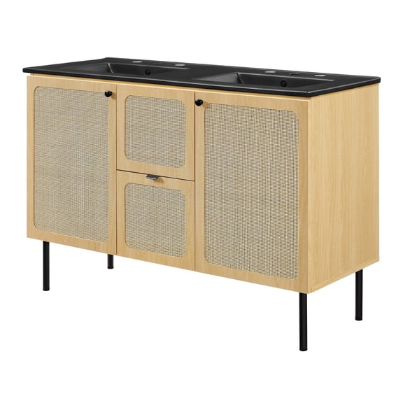 Double Sink Vanity Cabinet, Brown Oak Black, Wood, Hotel Bedroom Bathroom, Modern Contemporary HB36435