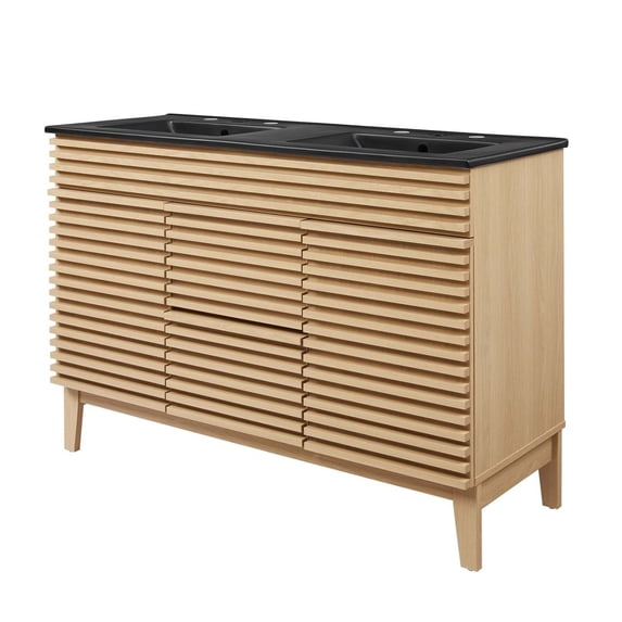 Double Sink Vanity Cabinet, Brown Oak Black, Wood, Mid Century Hotel Bedroom Bathroom, Modern Contemporary HB33660