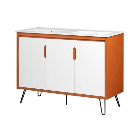 Double Sink Vanity Cabinet, Cherry White, Wood, Mid Century Hotel Bedroom Bathroom, Modern Contemporary HB34097