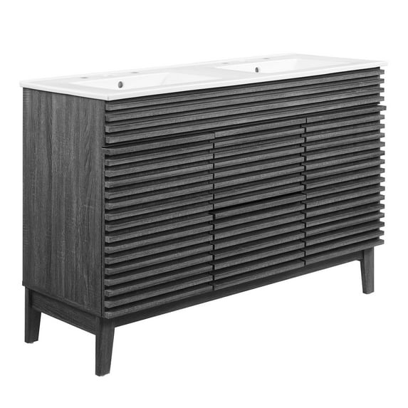 Double Sink Vanity Cabinet, Dark Grey Gray White, Wood, Mid Century Hotel Bedroom Bathroom, Modern Contemporary HB33391